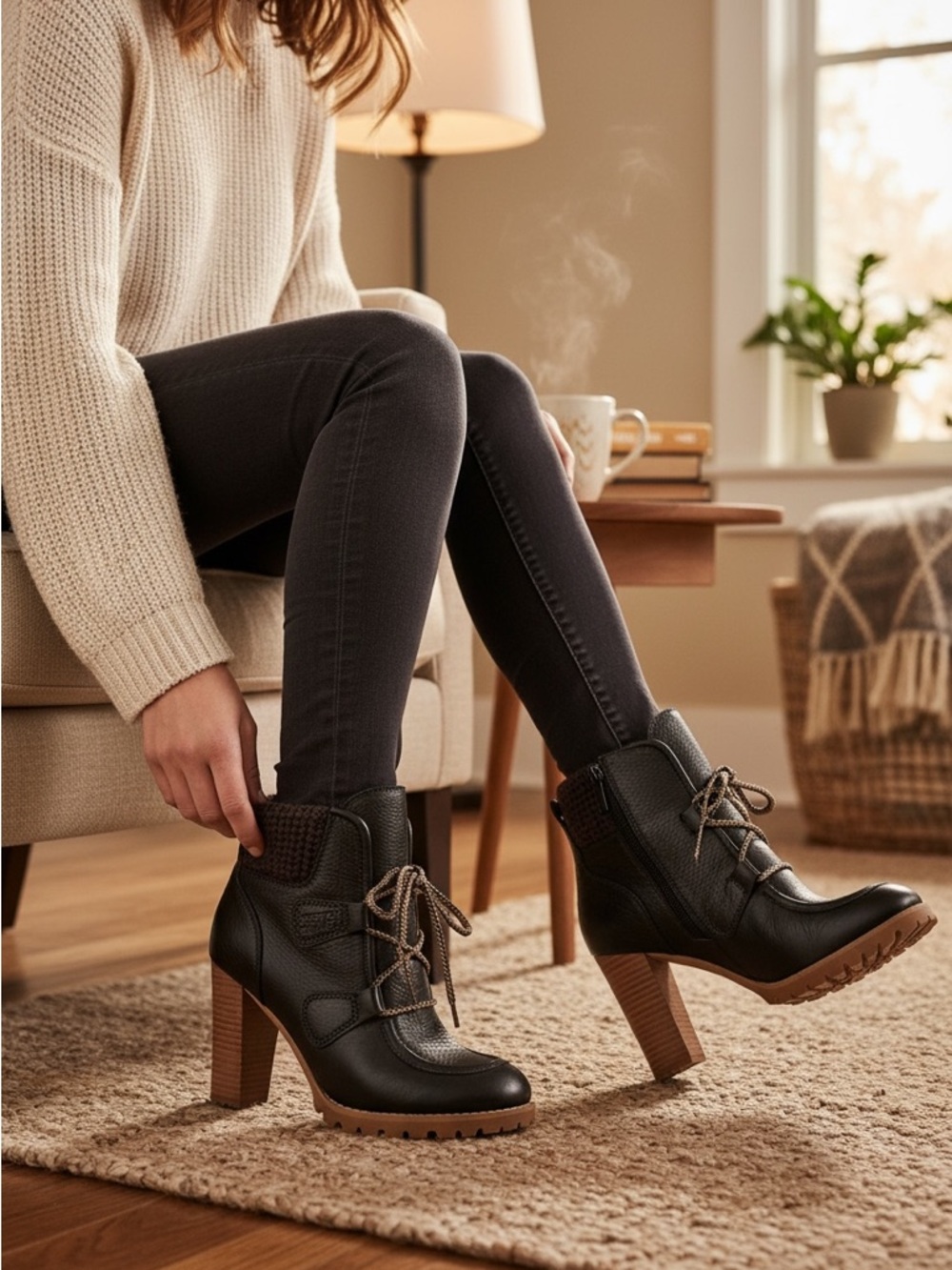 See By Chloe Black Lace-Up Heeled Ankle Boots with Tan Sole